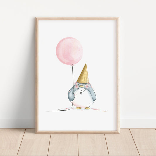 Penguin & Pink Balloon Print