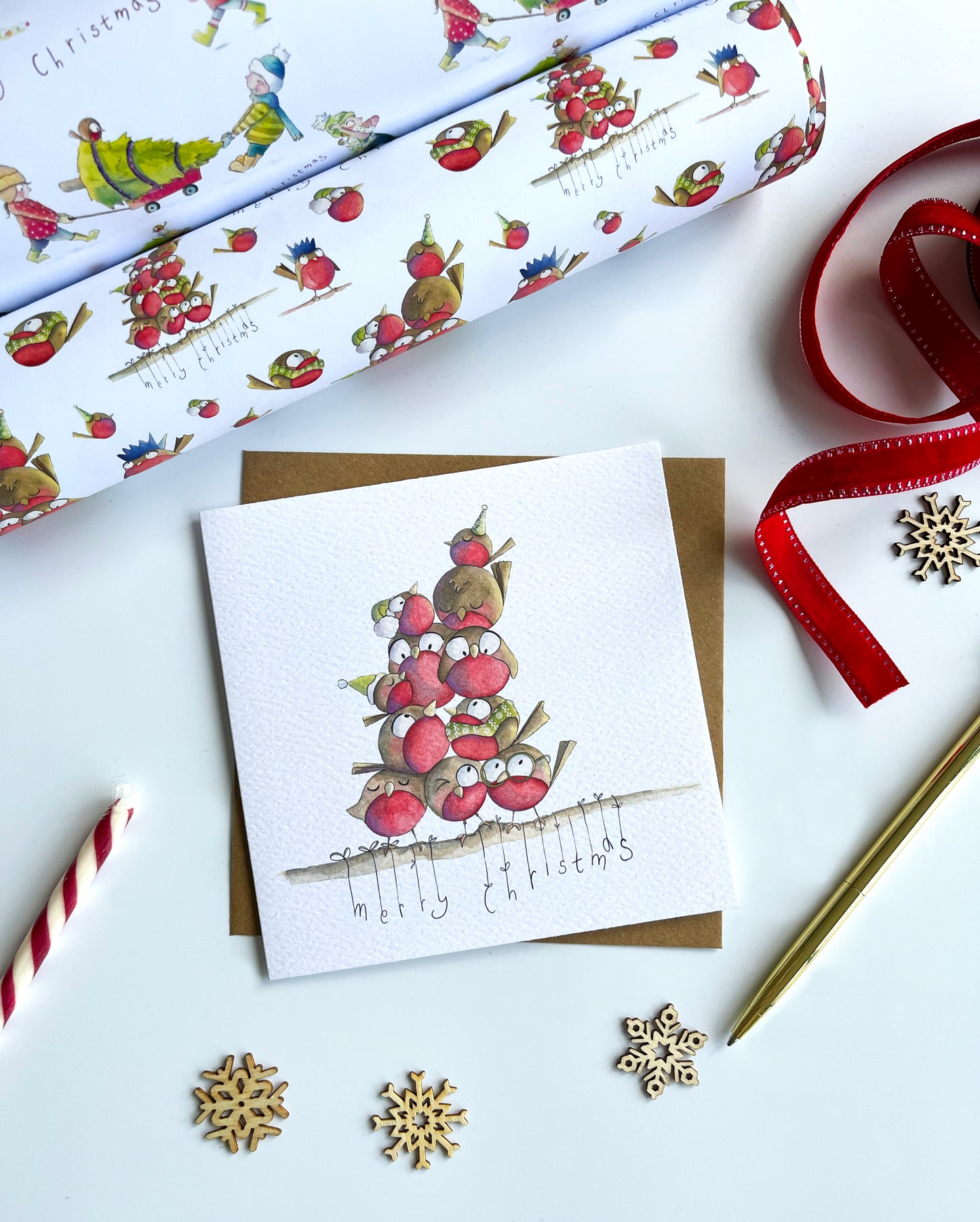 Cute Robin Christmas Wrapping Paper and Card Bundle