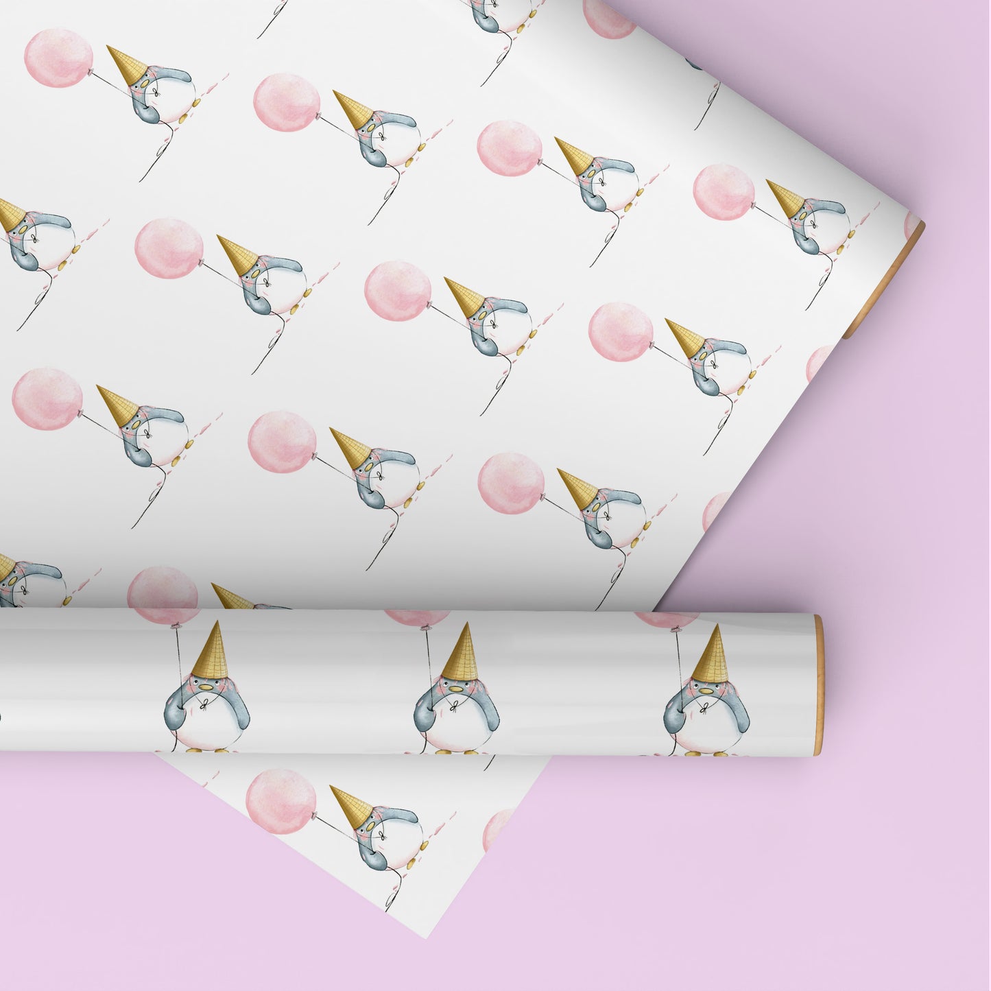 Penguin & Pink Balloon Wrapping Paper